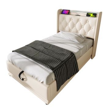 Cama Individual Con Led 360° Surround, Control Por App/panel/fernbedienung, Usb-c En Cabecera, Almacenamiento Hidráulico, Estructura De Acero, 90x200 Cm, Pu Blanco (sin Colchón)