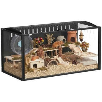 PawHut Jaula para Hámster Grande 105x51x53 cm con Tapa Ventilada Abatible, Marco de Acero, Paneles Transparentes Negro