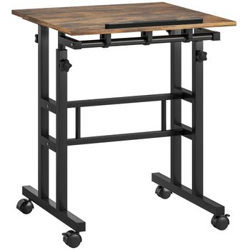 HOMCOM Escritorio ajustable en altura Mesa de cocina con estante, ruedas, mesa para ordenador Marrón rústico 60 x 60 x 70,5-120 cm   Aosom España