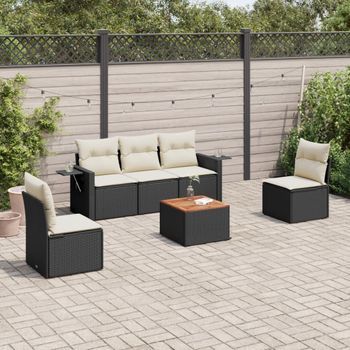 Conjunto De Sofás De Jardín 6 Uds | Mueble Jardin Mesa Y Sillas Y Cojines Ratán Sintético Negro Cfw689537