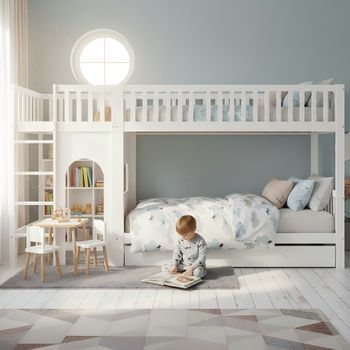 Literas 90x200 Cm Con 1 Cajón Grande Y Barandillas De Seguridad - Pino + Mdf + Contrachapado - Blanco (colchón No Incluido)