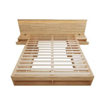 Cama Doble 180x200 Cm - Cama Con Almacenamiento, Cama Juvenil De Madera Con Estación De Carga Usb Y Type-c, Iluminación Led, 2 Mesitas De Noche Y Cajones - Color Natural