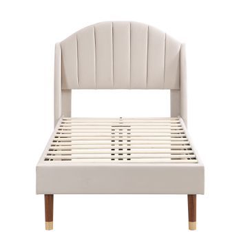 Cama Tapizada 90x200 Con Somier Silencioso Y Cabecero Ergonómico, Cama Individual Beige En Terciopelo.