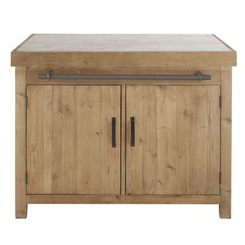 Isla de cocina de pino reciclado y piedra azul con mesa extensible