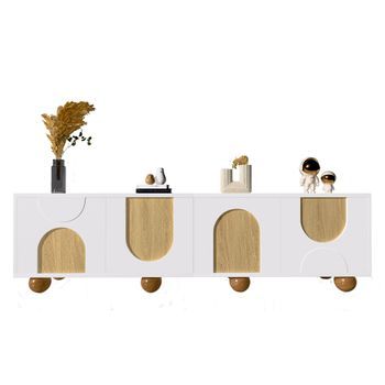 Mueble Para Tv 175 Cm, Mesa De Tv 4 Puertas Con Patas De Madera, Mdf, Blanco Y Madera