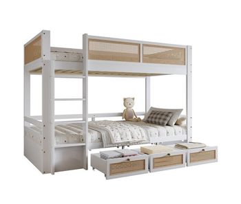 Litera infantil de madera de pino 90x200cm con 3 cajones,blanco+natural