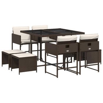 Set Comedor Para Jardín 9 Piezas | Mueble De Jardín Y Cojines Ratán Sintético Marrón