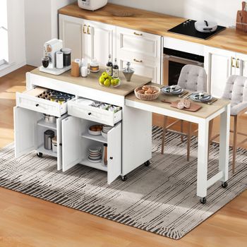 Isla De Cocina Con Ruedas - Mueble Extensible - Con Encimera Y Cajones - Blanco + Natural