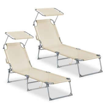 Tumbonas plegables con parasol y respaldo ajustable, Beige