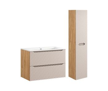 Conjunto de muebles con lavabo individual encastrado 80cm y columna elora beige y madera