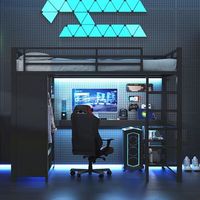 cama nido gaming de metal 140x200 con iluminacion led escritorio perchero abierto y compartimentos de almacenamiento negro