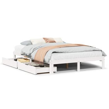 Cama De Matrimonio | Cama De Adulto | Estructura De Cama Con Cajones Madera De Pino Blanco 120x200 Cm