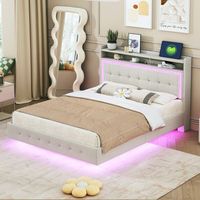 cama tapizada 140 x 200 cm con cabecero - toma usb  led - tela de lino - beige