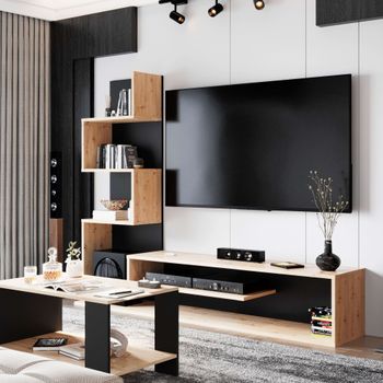 Mueble De Salón Tv Snake Con Estantes Comedor Color Roble Sonoma Y Negro 160 Cm