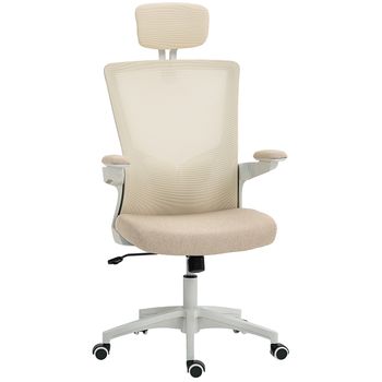 HOMCOM Silla de oficina ergonómica, sillón de oficina, reposabrazos abatibles, soporte lumbar, reposacabezas, 60x63x120cm, beige   Aosom España