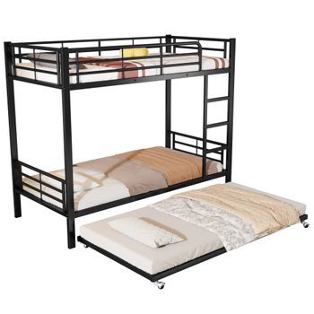 Litera De Metal Con Cama Nido 90x200 Cm, Estructura Triple Con Barandillas, Hierro, Negro