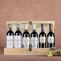 caja de madera con 6 reservas de rioja marques de riscal gran albina y marques del atrio