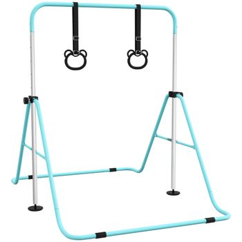 HOMCOM Barra de gimnasia para niños, barra horizontal plegable de altura ajustable con anillas de gimnasia, cian