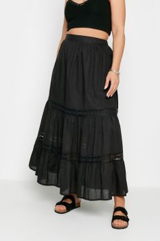 Yours Falda Larga Negra De Algodón Con Tiras De Encaje, Mujer Curvy Y Tallas Grandes, Yours