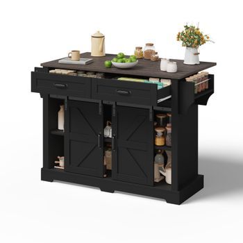 Isla De Cocina Negra Con Tablero Abatible, 120×45-70×91 Cm, Ruedas Y Almacenaje