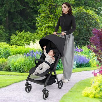 Carrito De Bebé Ligero Plegado Con Una Mano Respaldo Ajustable Capota Arnés 0-36 Meses Negro