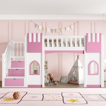 Cama Litera 90 X 200 Cm Con Escalera Con Almacenamiento Y Ventana, Colores Blanco Y Rosa