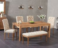 verona 150cm solid oak dining table with claudia fabric chairs and camille cream fabric bench
