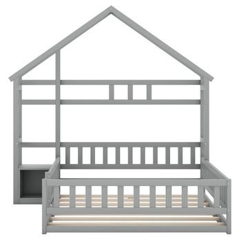 Cama Cabina Para Niños 140x200cm Con Mesita De Noche Y Barandillas De Seguridad Somier Gris