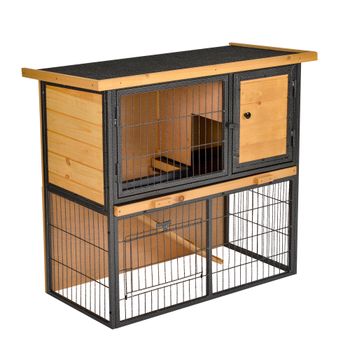 PawHut Conejera de Exterior de Madera Jaula Mascotas Pequeñas 2 Niveles con Rampa Bandeja Extraíble Puertas Cerraduras 89,5x45x81 cm   Aosom España