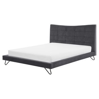 Cama Doble Tapizada En Terciopelo Gris 160 X 200 Cm Patas De Metal Cabecero Acolchado Diseño Moderno Lannion