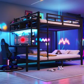 Litera De Metal 140x200 Con Escritorio, Luces Led Y Puertos Usb, Negro