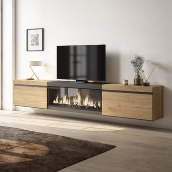Mueble tv efecto madera roble y negro 267x35x45 chimenea efecto fuego