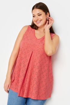 Yours Top Coral Sin Mangas De Bordados Con Calados, Mujer Curvy Y Tallas Grandes, Yours