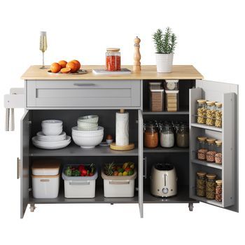 Isla De Cocina Móvil Con Encimera Plegable Y Armario De Cocina Multifuncional, 132.5x70x90cm, Madera, Color Roble Y Blanco