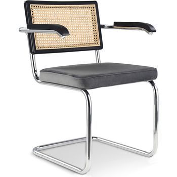 Silla De Comedor Con Reposabrazos - Tapizado En Terciopelo - Madera Y Ratán - Hyre Gris Os