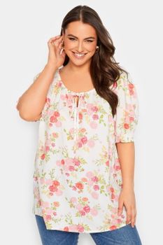 Yours Top Blanco Floral Con Manga Abullonada, Mujer Curvy Y Tallas Grandes, Yours