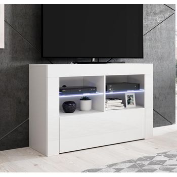Mueble Tv Con Led | Mueble De Televisión | Mueble De Salón | 1 Puerta | Blanco Acabado En Brillo | 100x65x35cm | Modelo Lilian