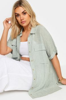 Yours Camisa De Rayas Verdes Con Lino, Mujer Curvy Y Tallas Grandes, Yours