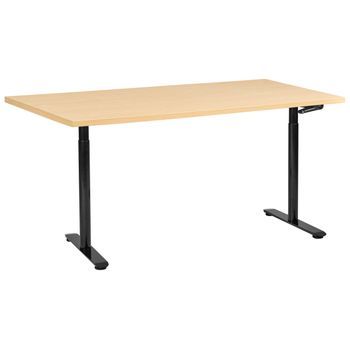 Escritorio De Altura Regulable Manual Oficina Moderna Patas Redondas 160 X 72 Cm Tablero Marrón Claro Base De Acero Negra Destinas