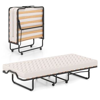 Costway Cama Plegable 80/90 x 200 cm con Ruedas y Colchón de Espuma Viscoelástica & Fibra Hipoalergénica Cama para Huéspedes Compacta Portátil