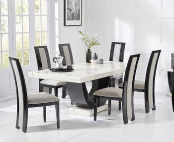 Raphael 200cm White and Black Pedestal Marble Dining Table with Raphael Chairs