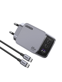 CARGADOR DE PARED UGREEN 65W 1 USB-A 2 USB-C GRIS