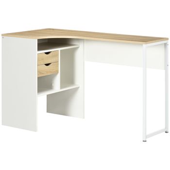 HOMCOM Escritorio Esquinero en L 120x60 cm con 2 Cajones y 3 Compartimentos Abiertos para Oficina Estudio Natural y Blanco