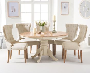 Epsom Cream Painted Pedestal Extending Dining Table with Camille Fabric Chairs - Cream, 4 Chairs