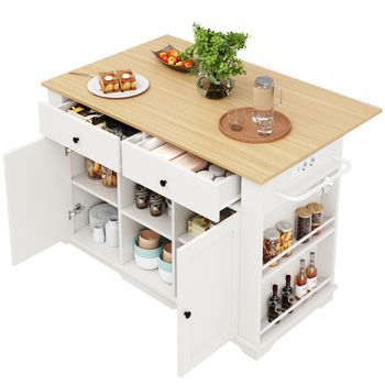 Carrito De Cocina Con Enchufes, Isla De Cocina Blanca Con Ruedas, Encimera Extensible, 151.5x84.7x91.7cm, Mdf Y Metal