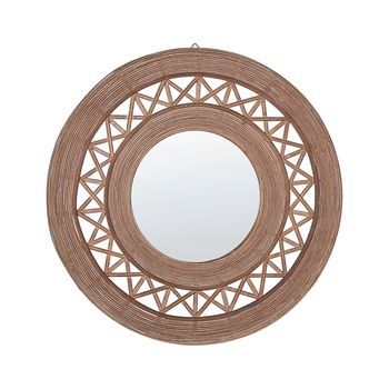 Espejo De Pared De Madera De Bambú Marrón Claro 62 Cm Patrón Geométrico Hecho A Mano Boho Rústico Cacoma