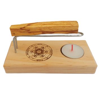 Quemador Artesanal de Palo Santo e Inciensos con Base de Madera Natural y Símbolo de Metatrón - Incluye Vela de Té | Artsoja