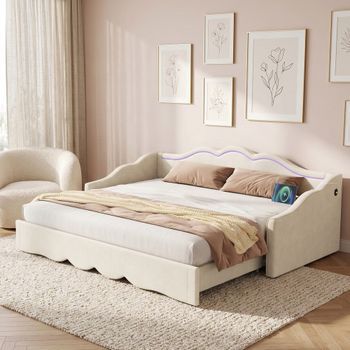 Cama Tapizada De 90 X 200 Cm Con Cabecero Y Barandilla De Seguridad, Sofá Cama - Terciopelo - Luces Led Y Puerto Usb - Beige (colchón No Incluido)