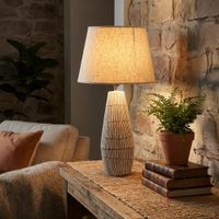 lampara de mesa de resina beige con pantalla de tela o 35695