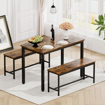 Conjunto Mesa Y Bancos - Comedor - Tablero Y Acero - Marrón Rústico Y Negro (110x60x75cm)